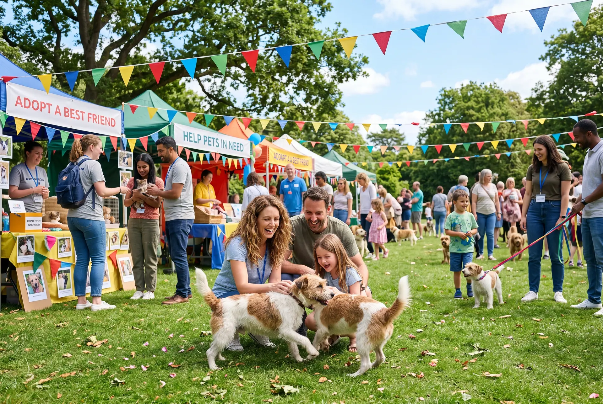 A sunny outdoor adoption day with colourful stalls, volunteers and families meeting pets.