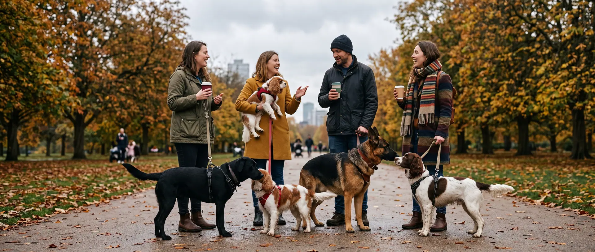 Dog owners standing and talking in a park while their dogs greet each other.
