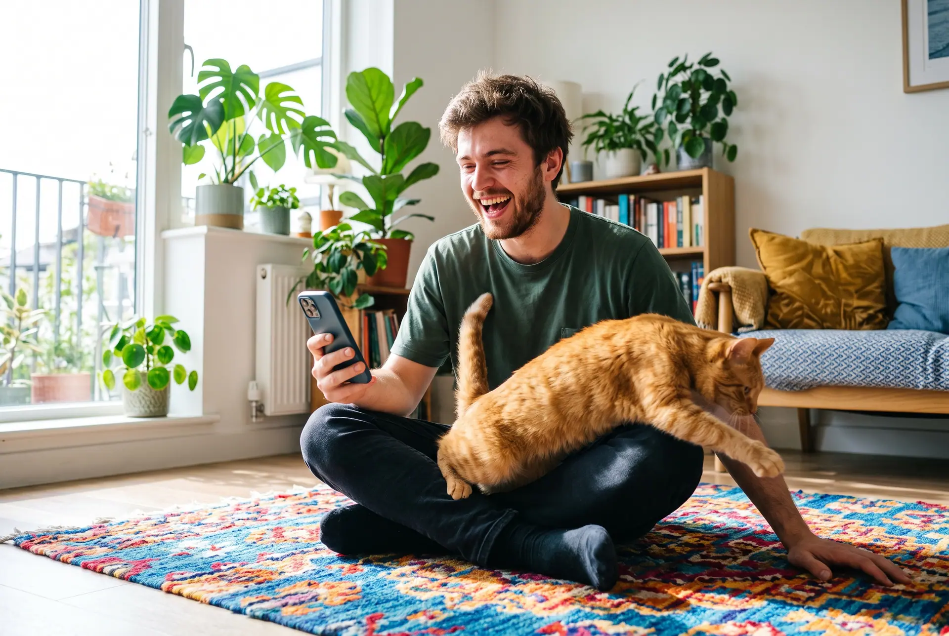 A man laughing on the floor of a sunlit apartment with his phone and a ginger cat on his lap.