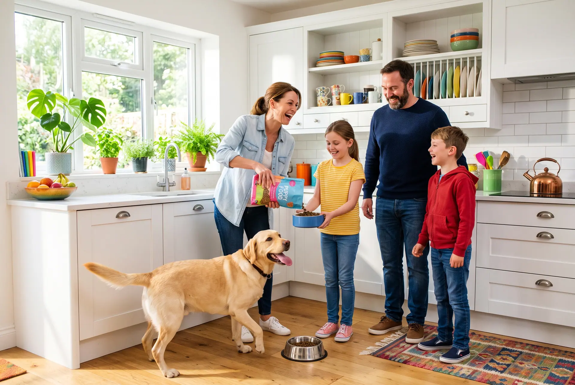 A family in a bright kitchen filling a dog bowl while a labrador waits happily.
