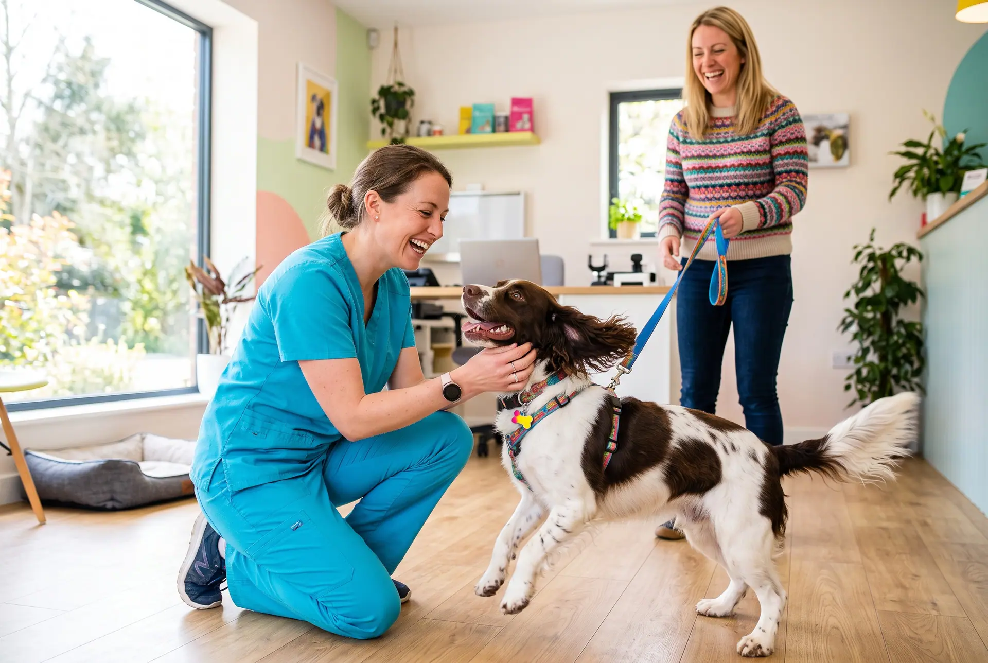 A vet kneeling to greet a happy spaniel in a bright clinic room while the owner smiles.