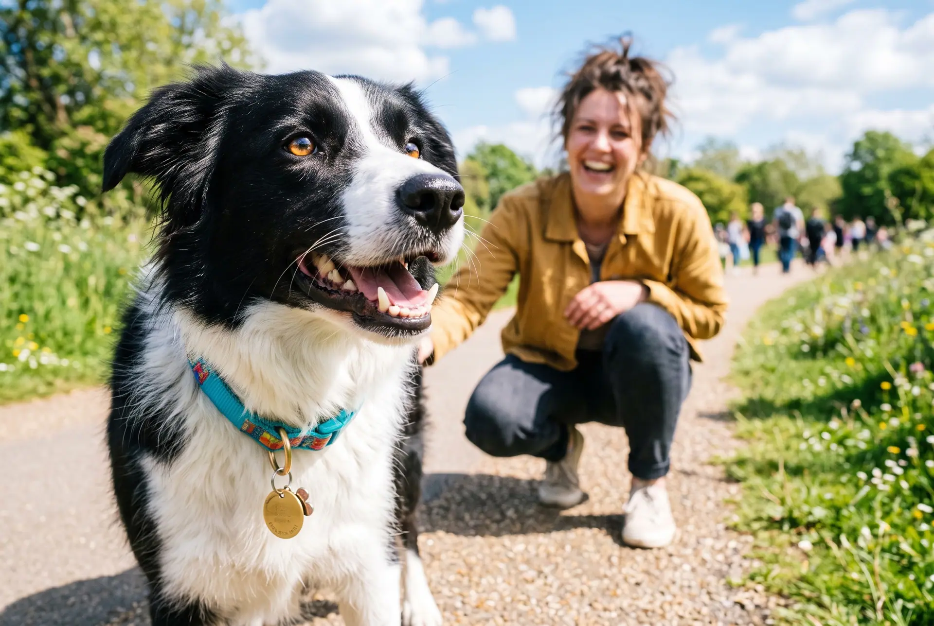 A border collie wearing a collar with a round tag on a sunny park path.