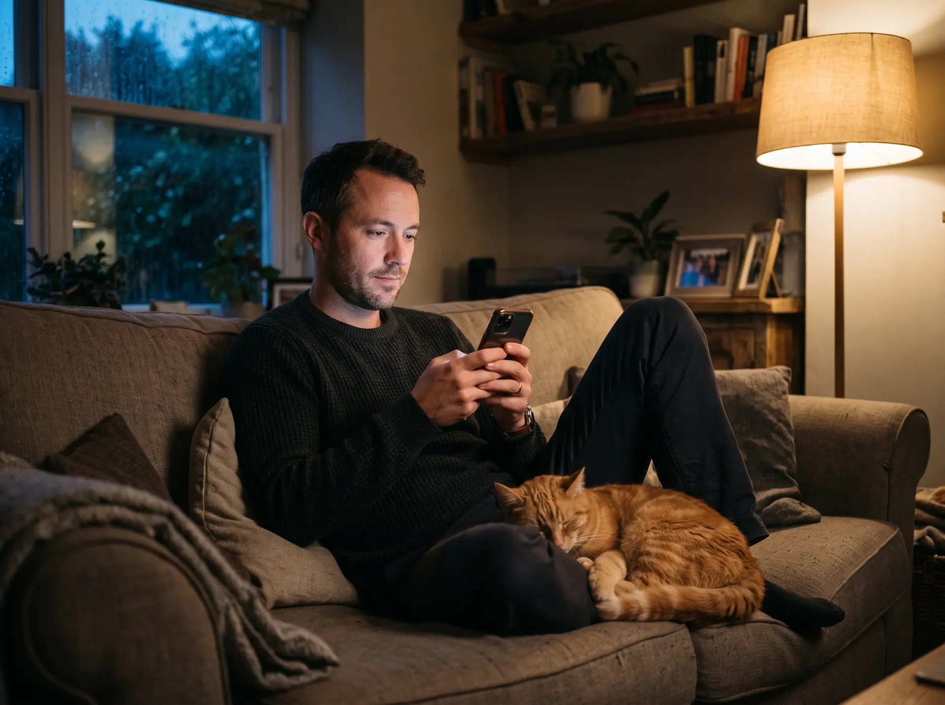 A man on a sofa in the evening looking at his phone with a ginger cat asleep against his leg.