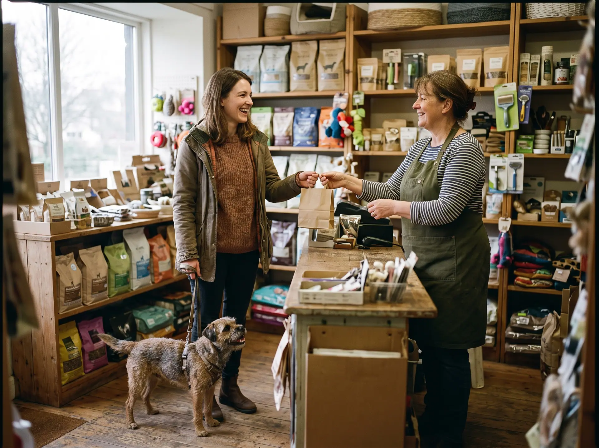A shopkeeper handing a paper bag to a customer in a small pet shop while a terrier waits at her feet.