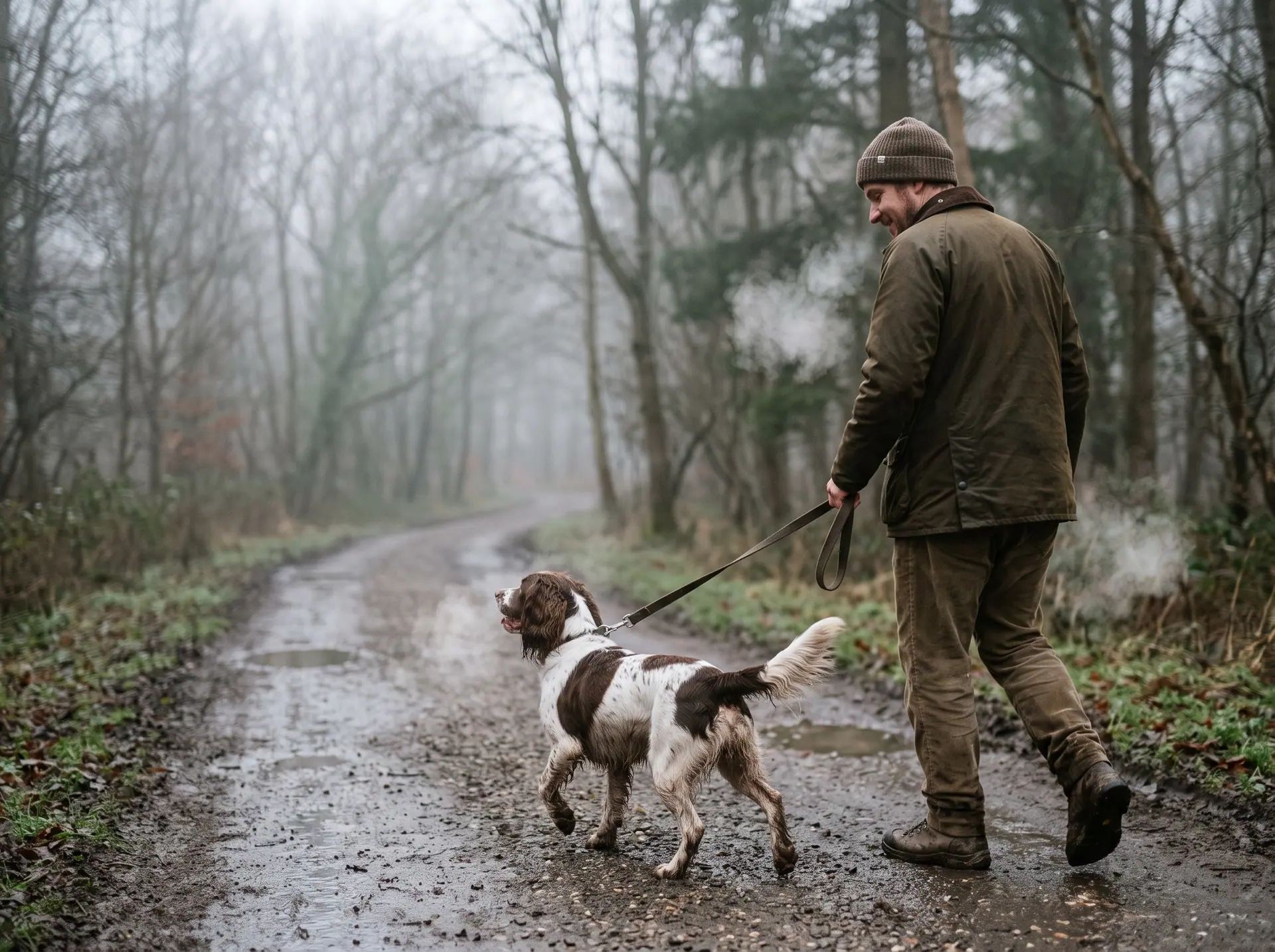 A person walking a springer spaniel along a misty gravel path early in the morning.