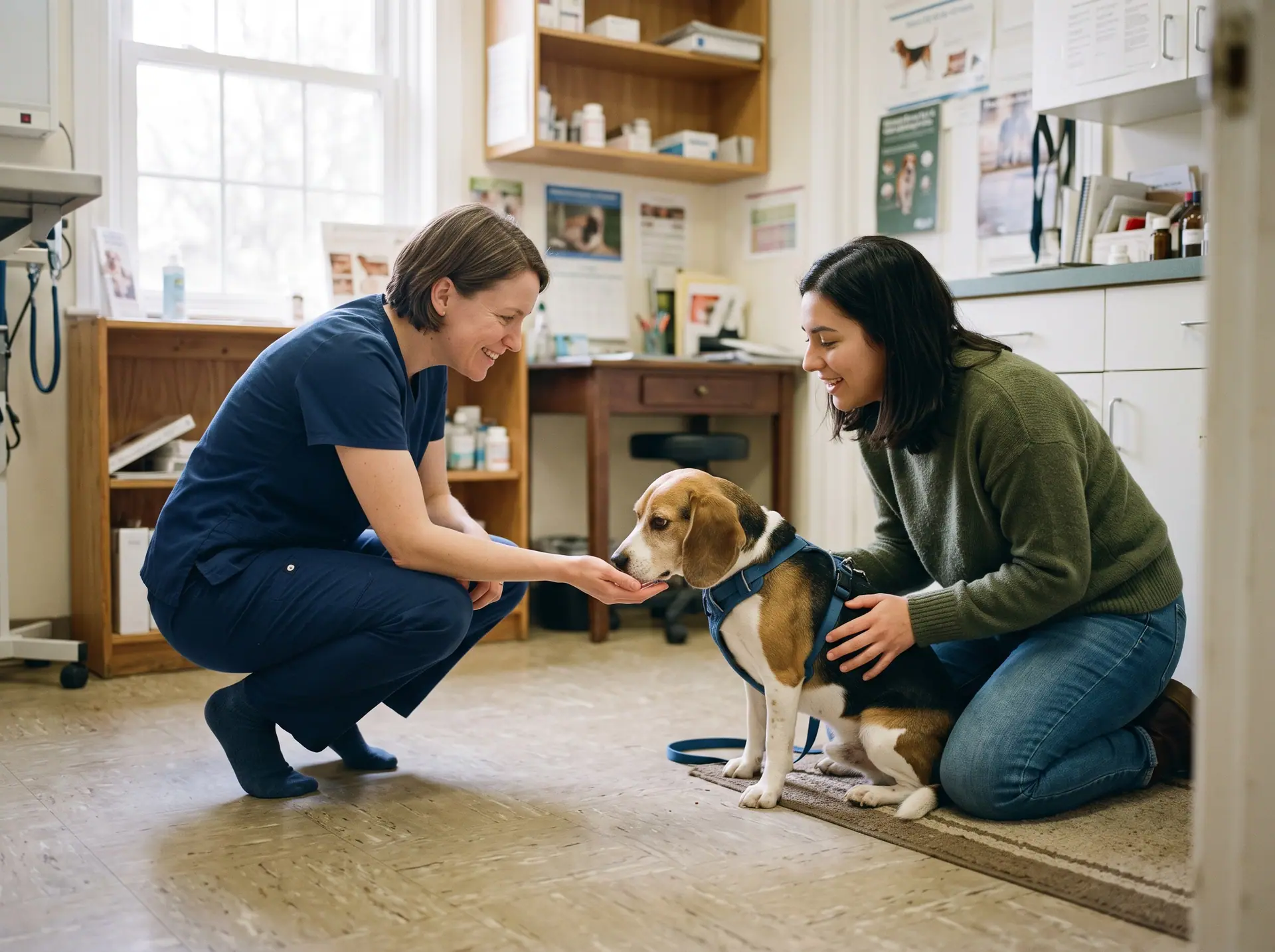 A vet crouching on the floor to greet a nervous beagle while its owner kneels alongside.