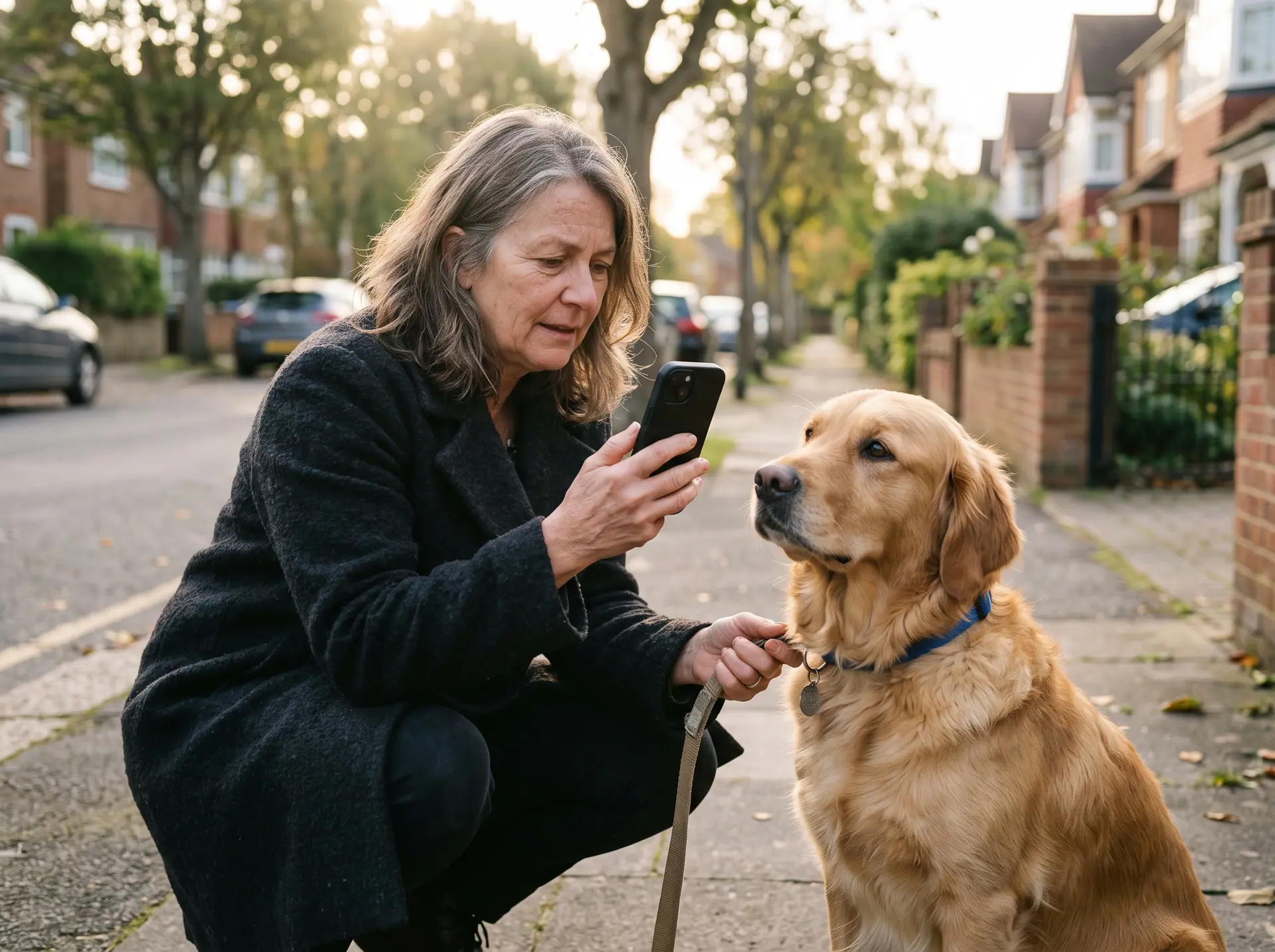 A person crouching on a pavement holding a lost golden retriever’s collar and a phone.