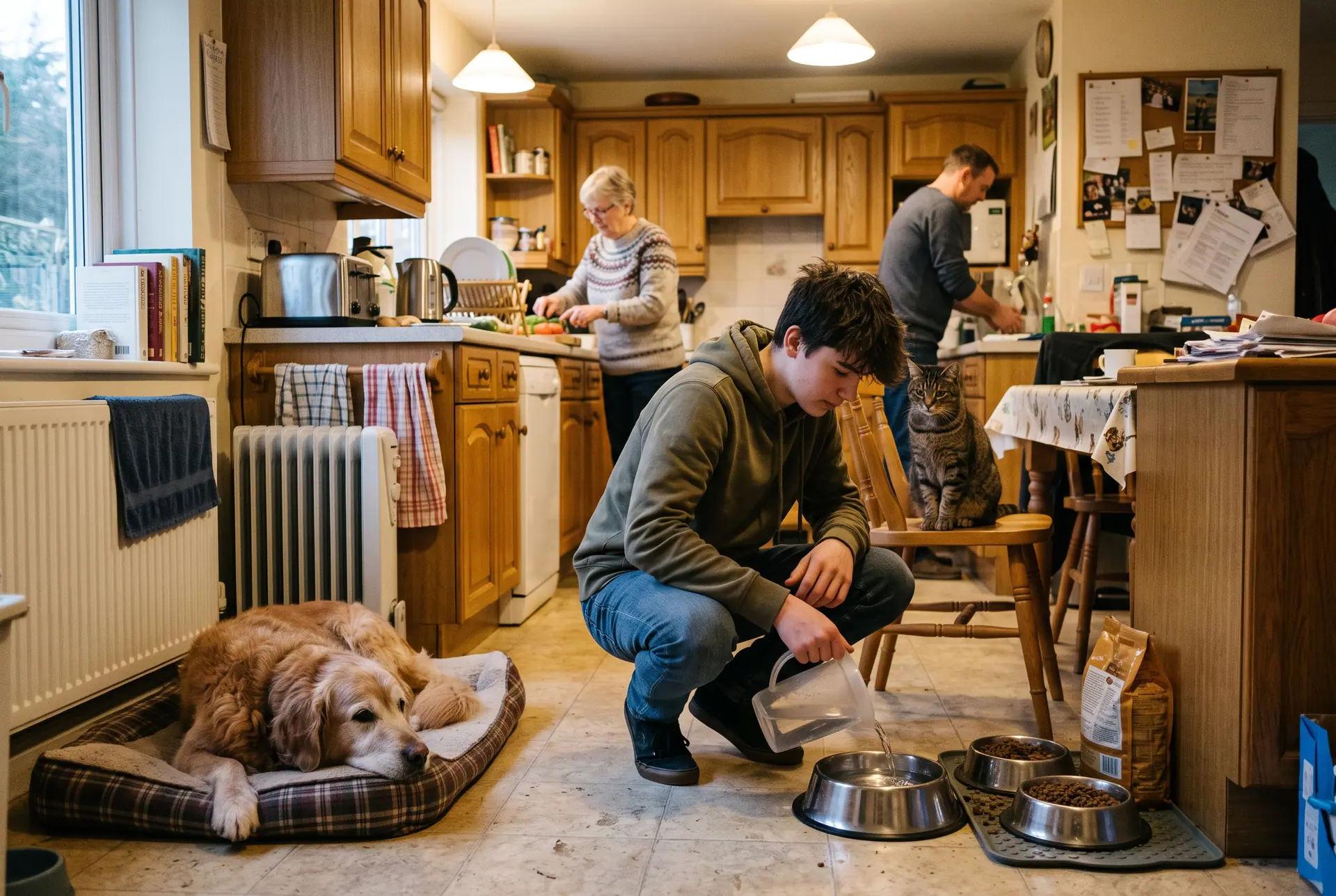 A teenager filling a dog’s water bowl in a busy family kitchen while a cat watches and an older dog rests nearby.