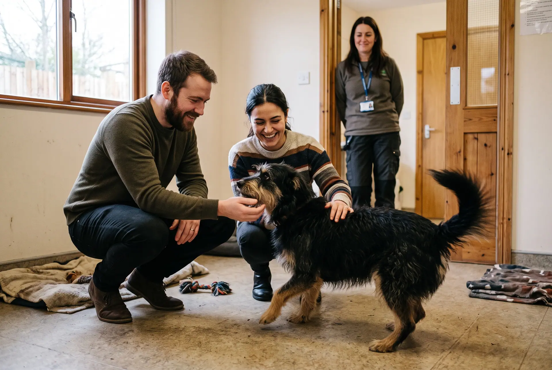 A couple crouching to meet a rescue dog for the first time in a shelter visiting room.
