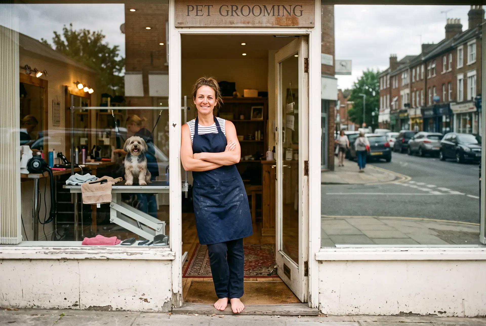 A grooming salon owner standing confidently in her shop doorway with a dog visible inside.