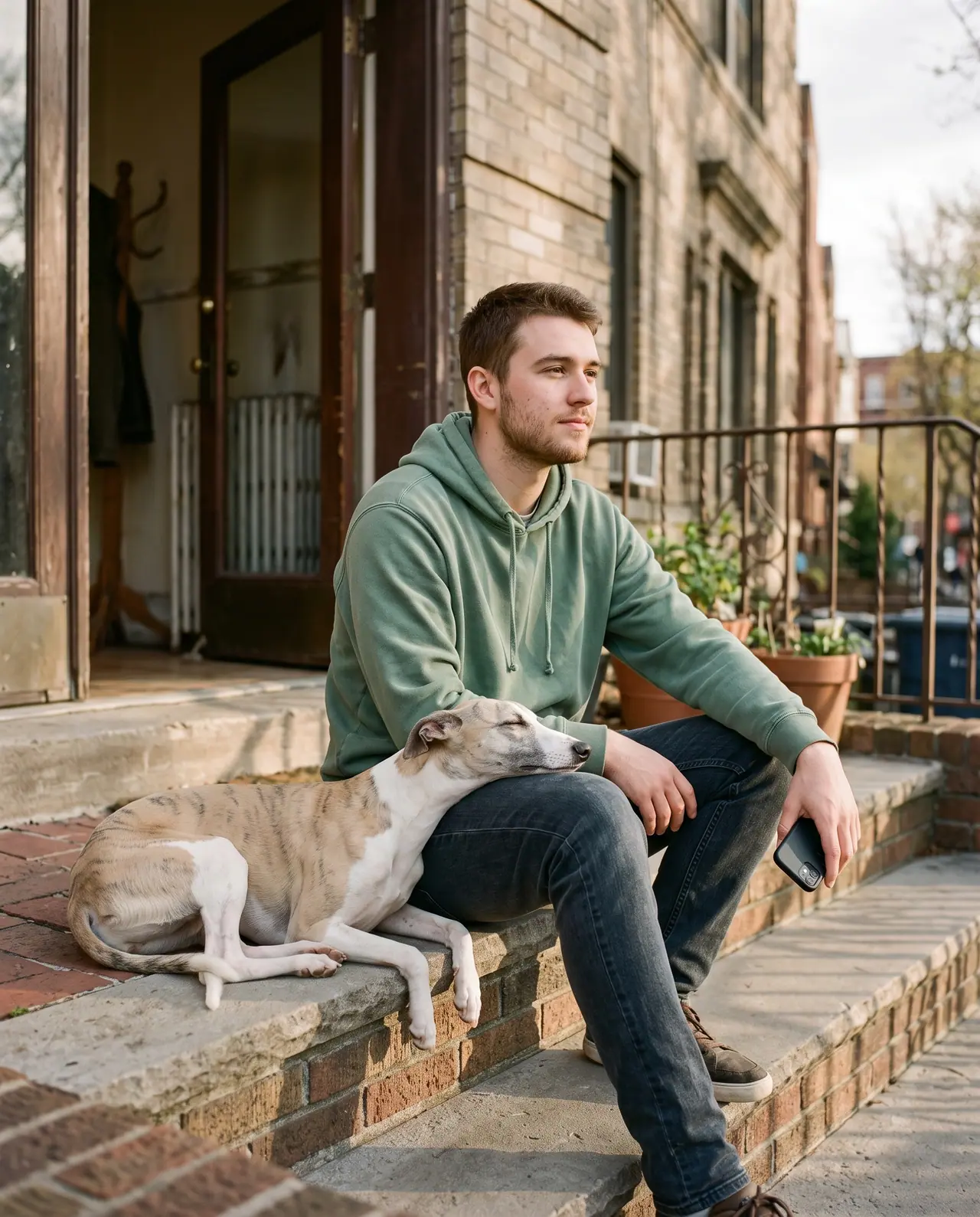 A young man sitting on front steps in late afternoon with a whippet resting its chin on his knee.