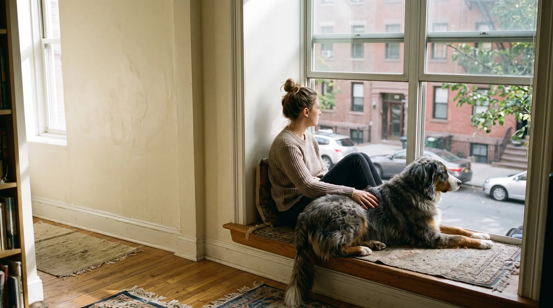 A woman and her dog sitting together on a wide windowsill in a sunlit apartment, looking out at the street.