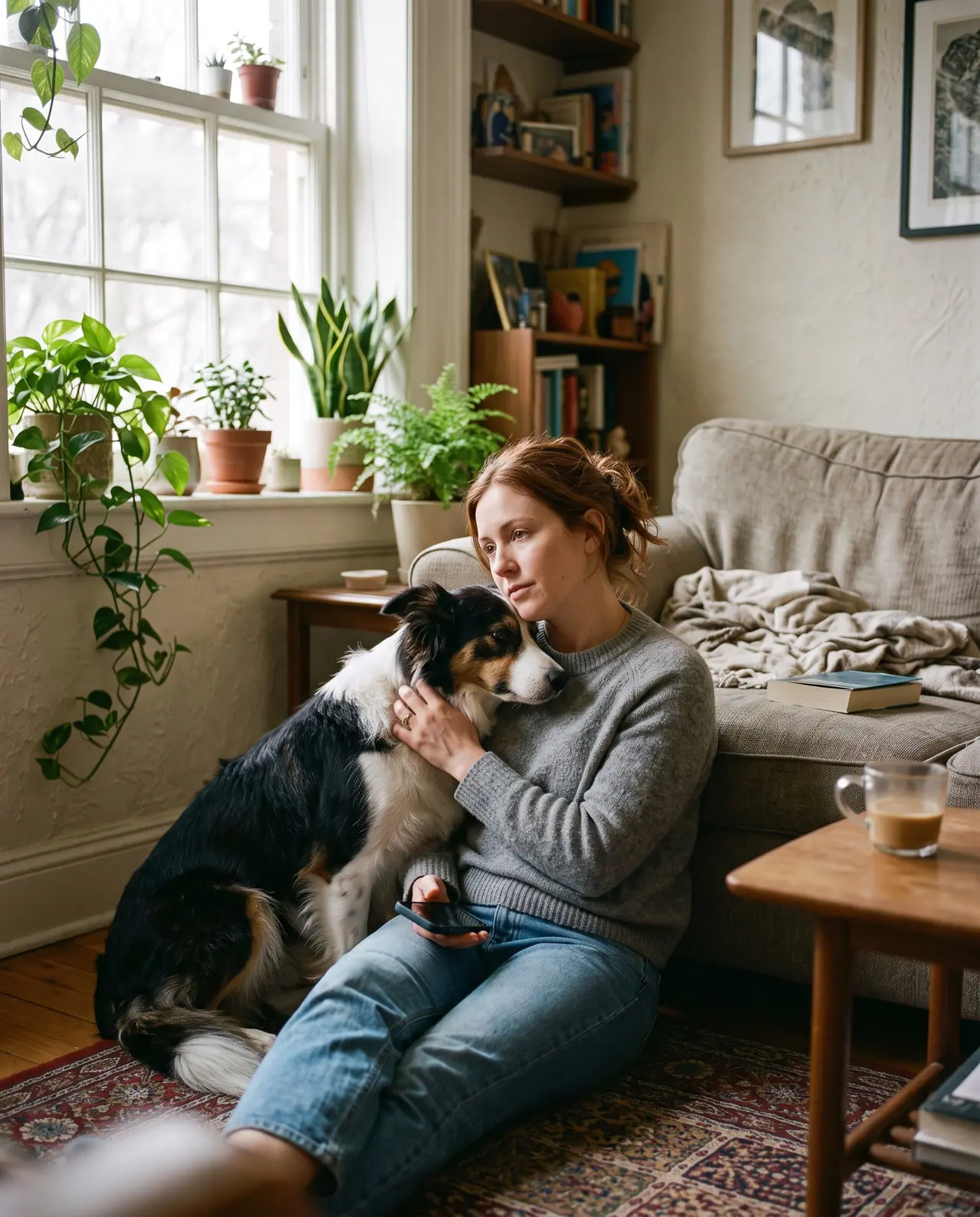 A woman sitting on a living-room floor with her border collie leaning against her shoulder in morning light.