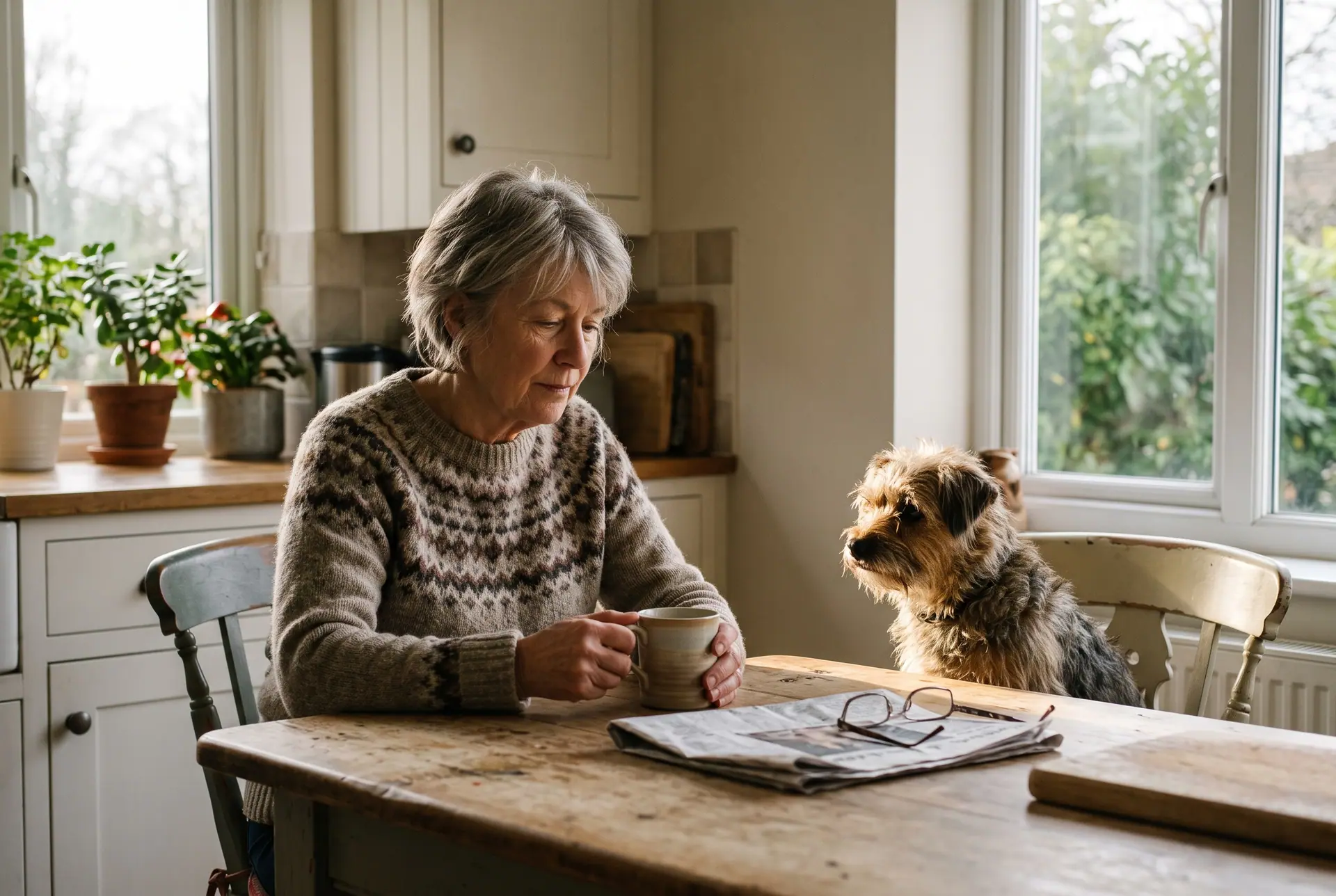 An older woman at a kitchen table with tea and a small scruffy dog on the chair beside her.