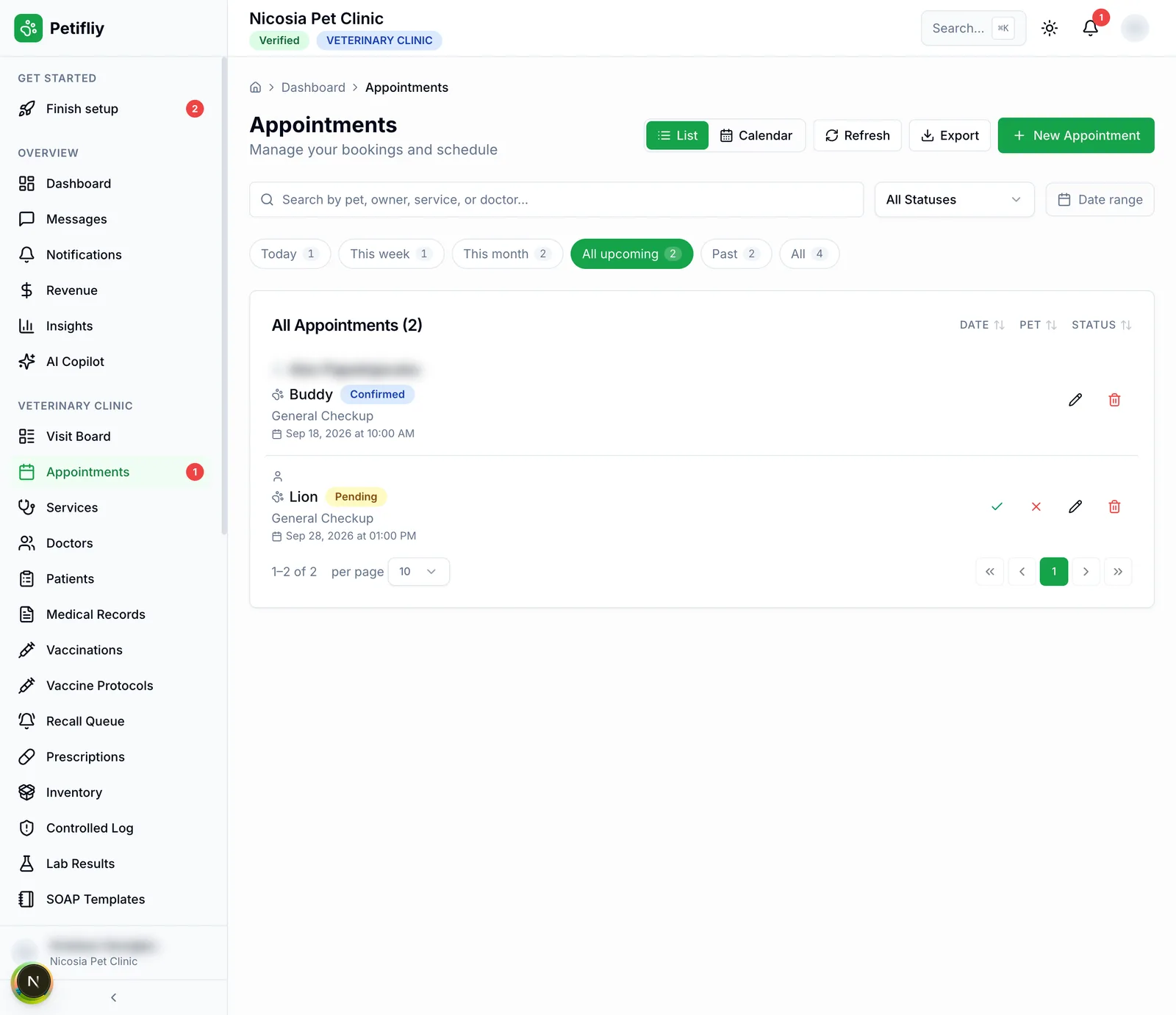 The Petifly vendor portal appointments list, showing upcoming bookings. Personal details are blurred.