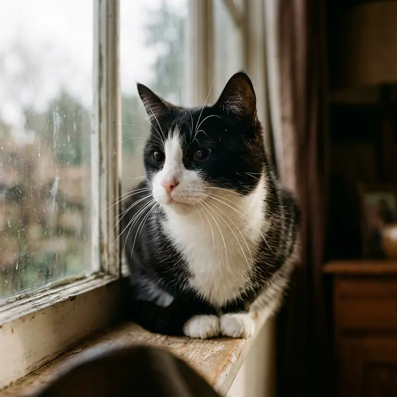 A black and white cat sitting on a windowsill, backlit by soft daylight.