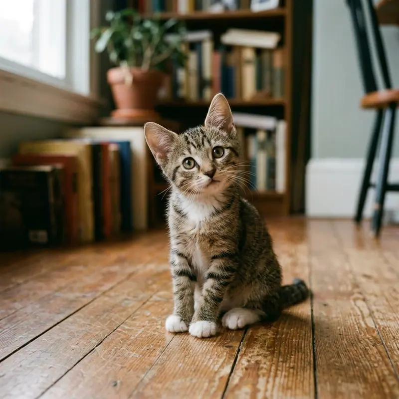 A tabby kitten sitting upright on a wooden floor looking up curiously.