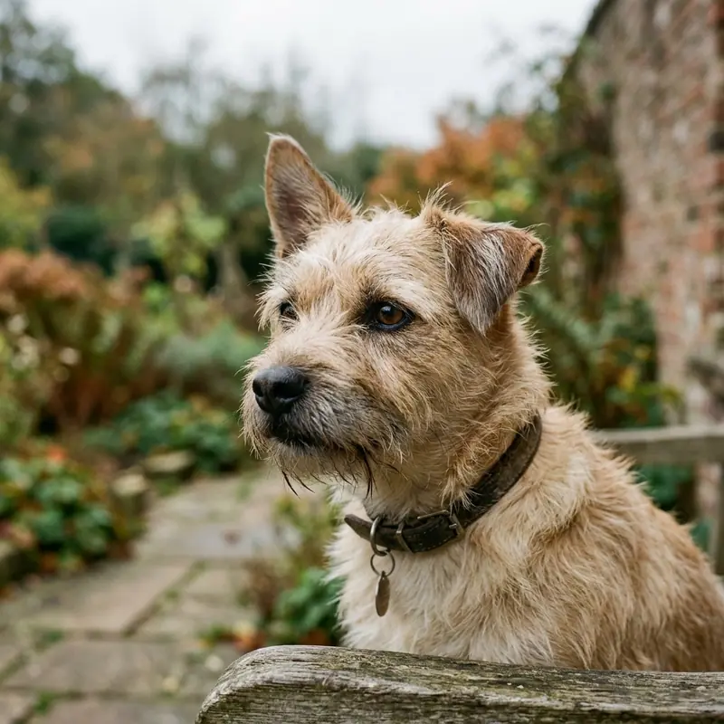 A scruffy tan terrier mix looking slightly off camera outdoors.