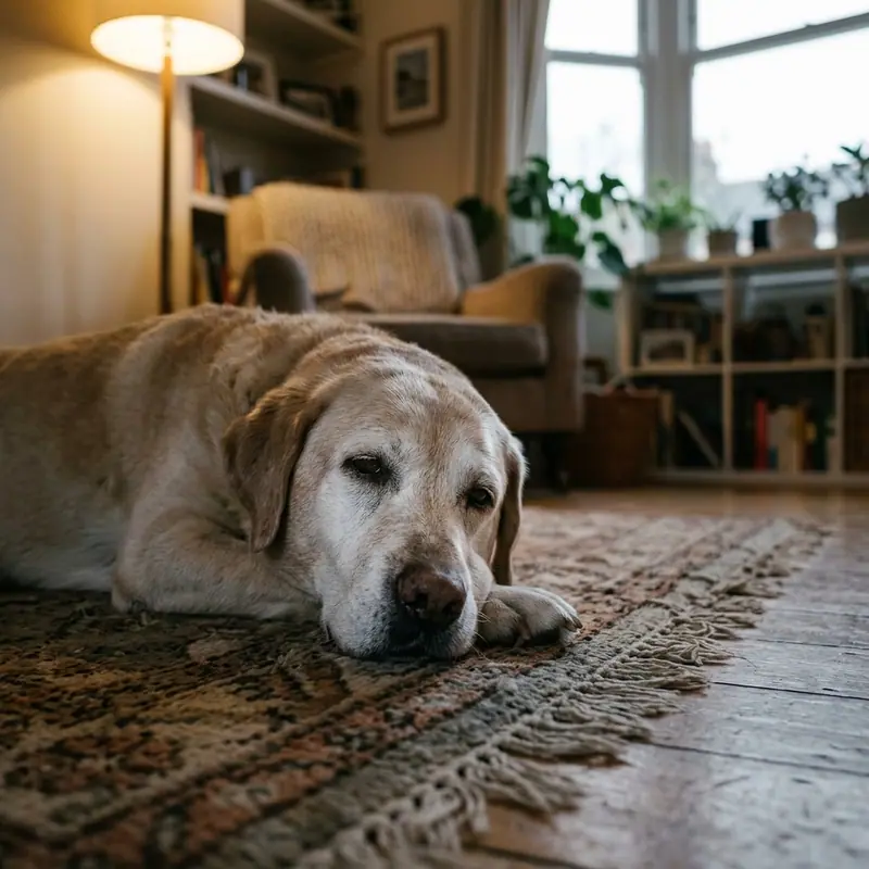 An elderly labrador with a greying muzzle lying contentedly on a rug indoors.