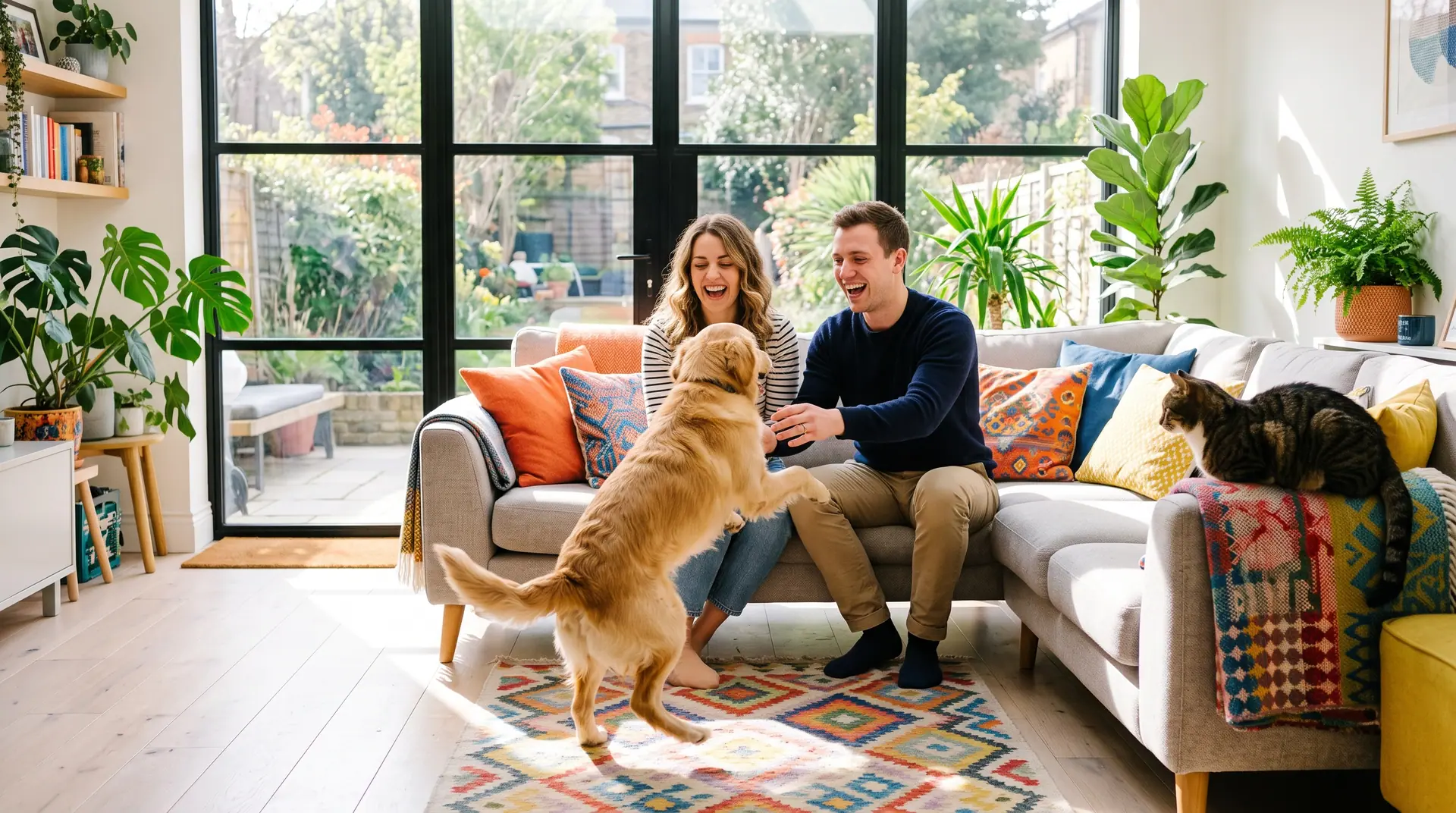 A young couple laughing in a sunlit modern living room as their dog jumps between them and a cat watches from the sofa.