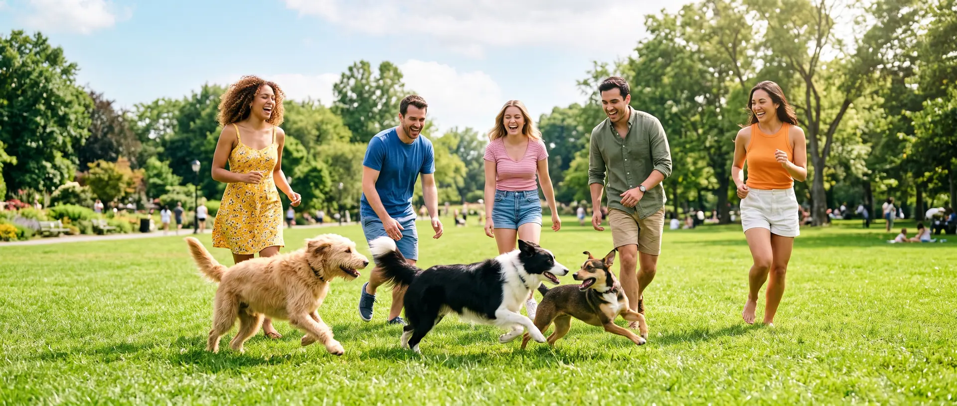Friends in a sunny park with three dogs running and playing on the grass.
