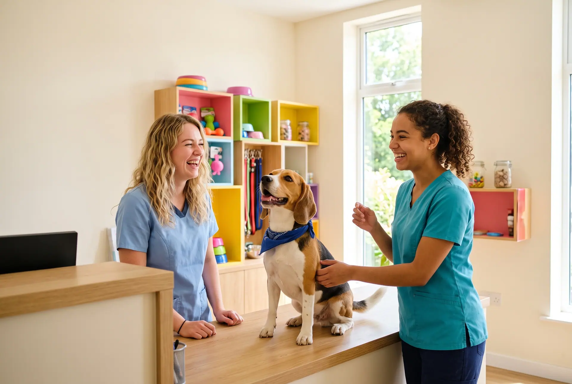 A smiling groomer in a bright salon holding a freshly groomed small white dog.