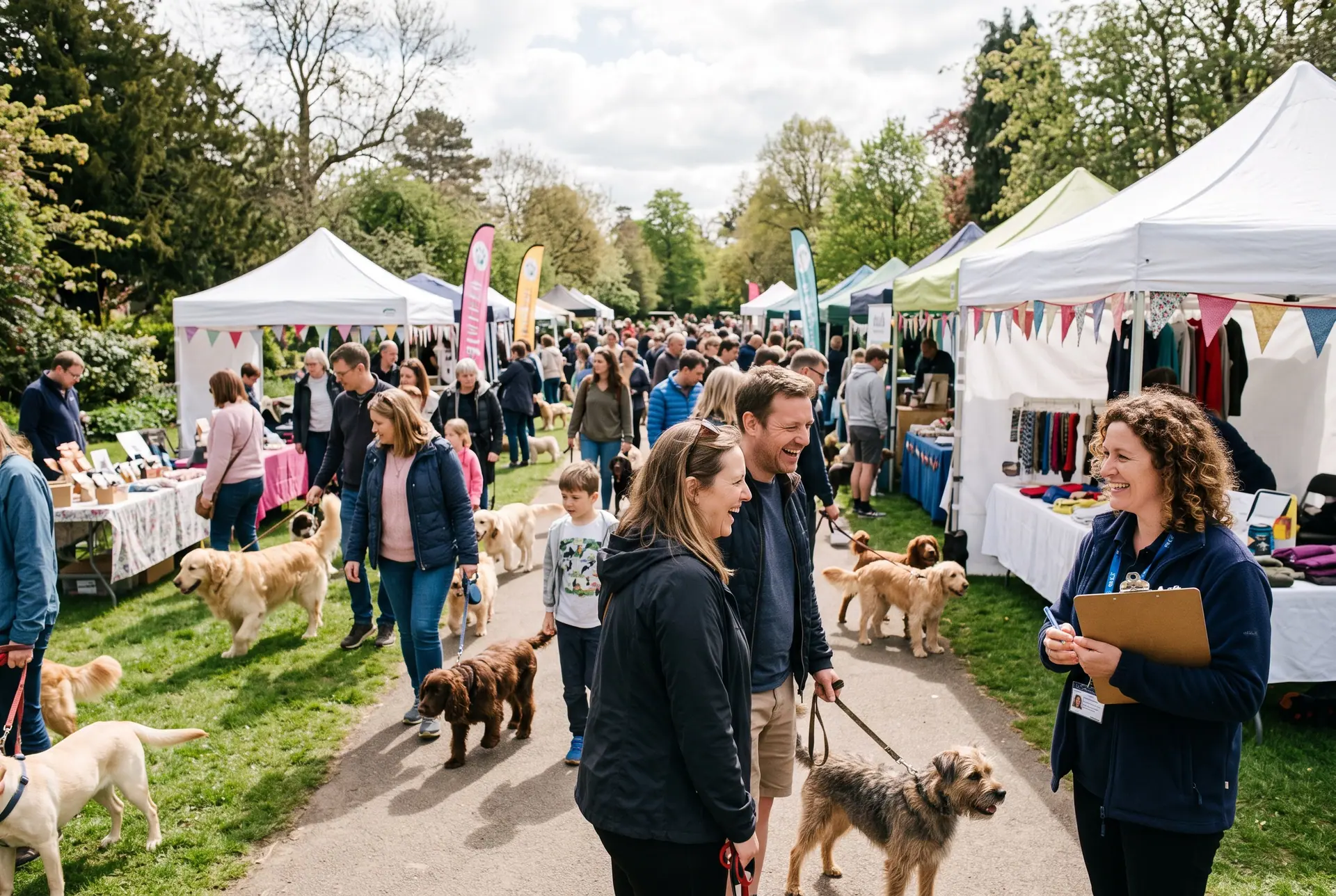 An outdoor community dog event in a park with gazebos, stalls and families walking dogs.
