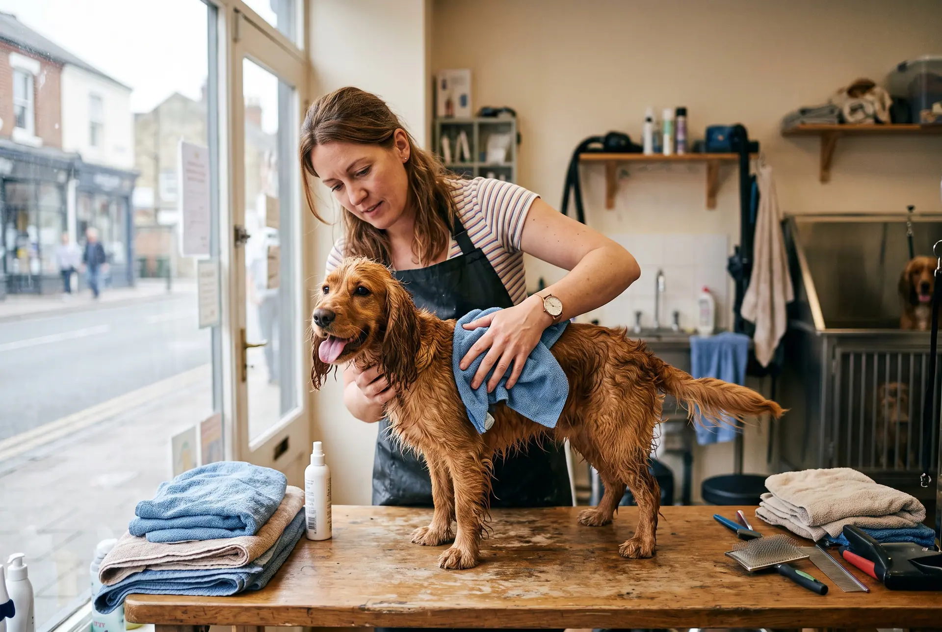 A groomer in an apron drying a wet cocker spaniel on a grooming table in a small salon.