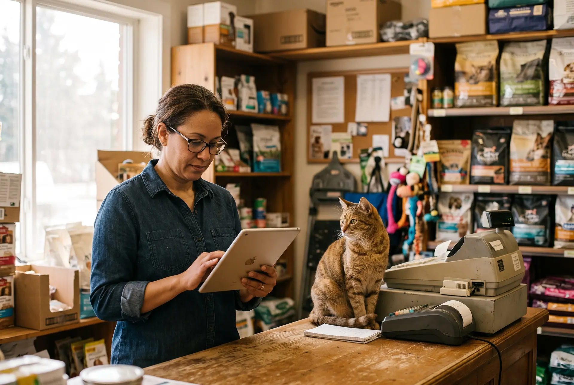 A pet shop owner checking a tablet behind the counter with a cat sitting beside the till.