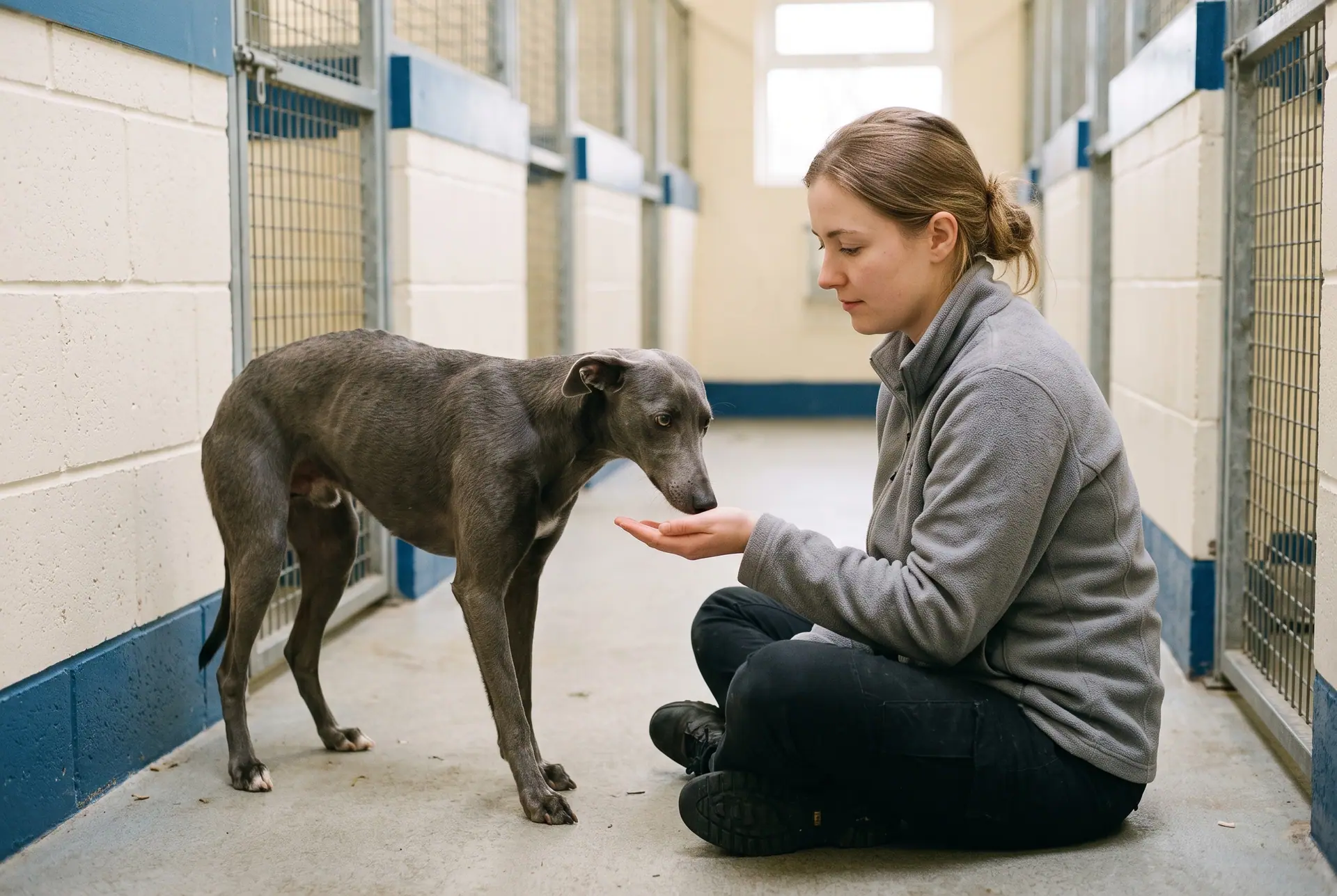 A shelter volunteer sitting on the floor offering her hand to a shy grey lurcher.