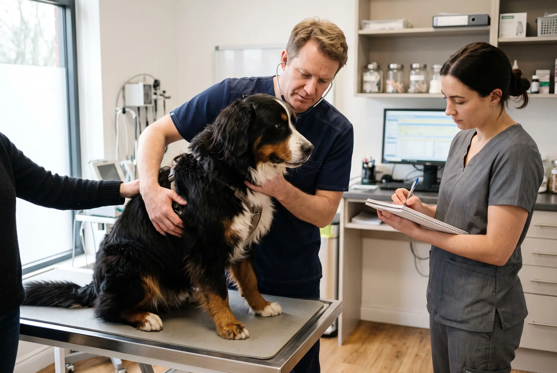 A vet and a nurse examining a calm large dog on a consulting table while the owner rests a hand on it.